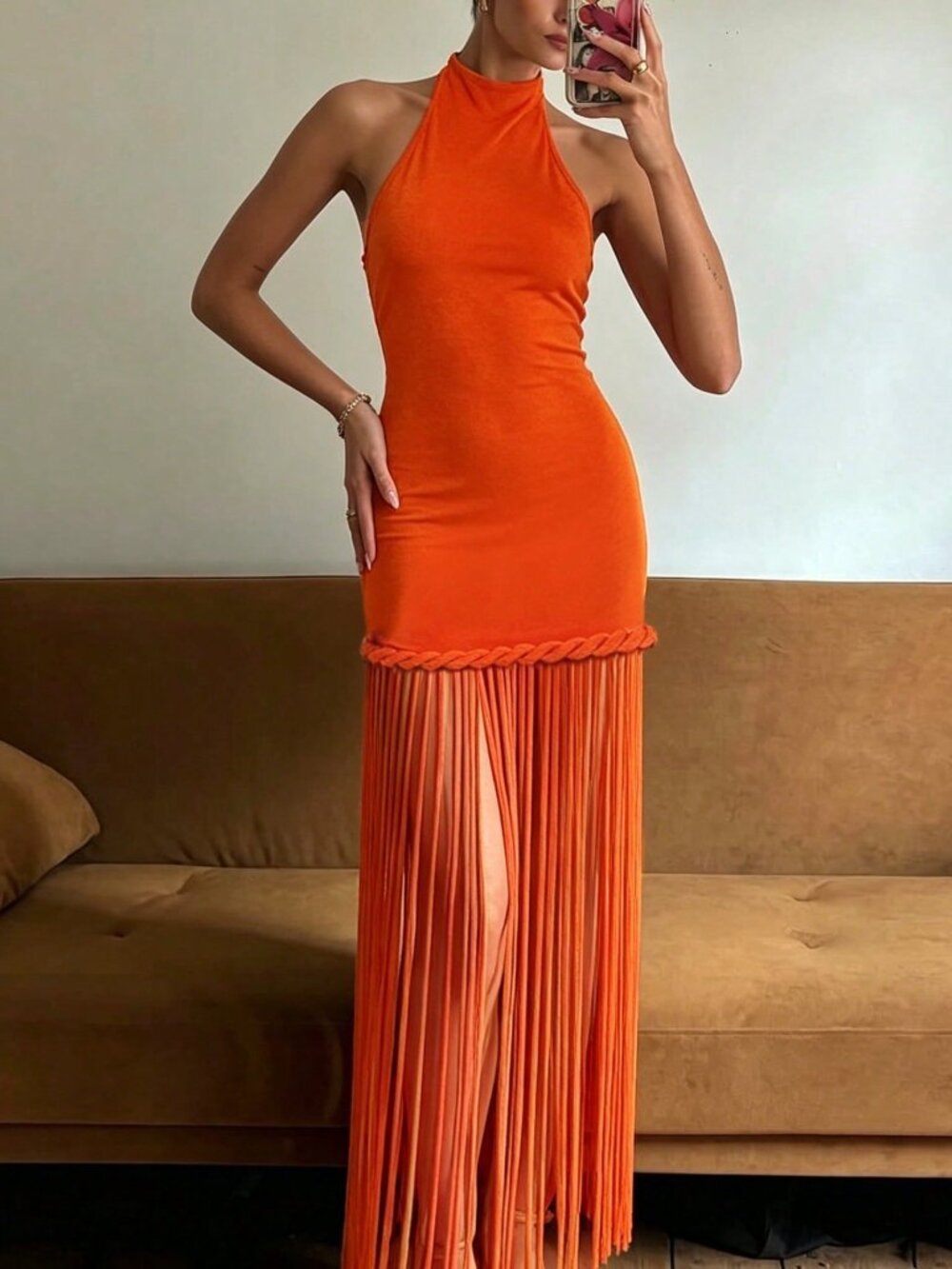 Orange Sexy Women's Tassel Twist Knot Backless Bodycon Dress - Picture 3 of 5